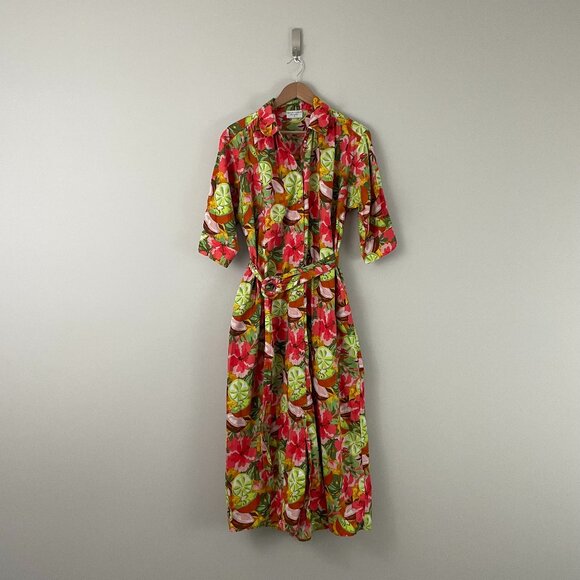 Dress Forum Tropical Fruit Button Front Belted Midi Dress Size Medium - Picture 1 of 7